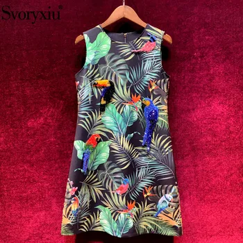

Svoryxiu 2020 Runway Custom Summer Party luxury Tank Mini Dresses Women's Manual Beaded Parrot Banana leaf Print A-Line Dress