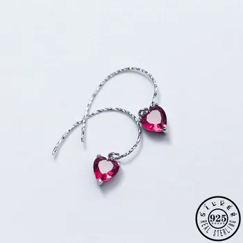 

925 Sterling Silver Small Heart Shape Rose Red Cubic Zirconia Stone Pendant Dangle Drop Earrings Fine Jewelry for Women