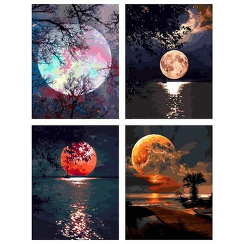 

4 PCS DIY Paint By Numbers, Canvas Oil Painting Kit for Kids & Adults, Drawing Paintwork with Paint Brushes, Moon