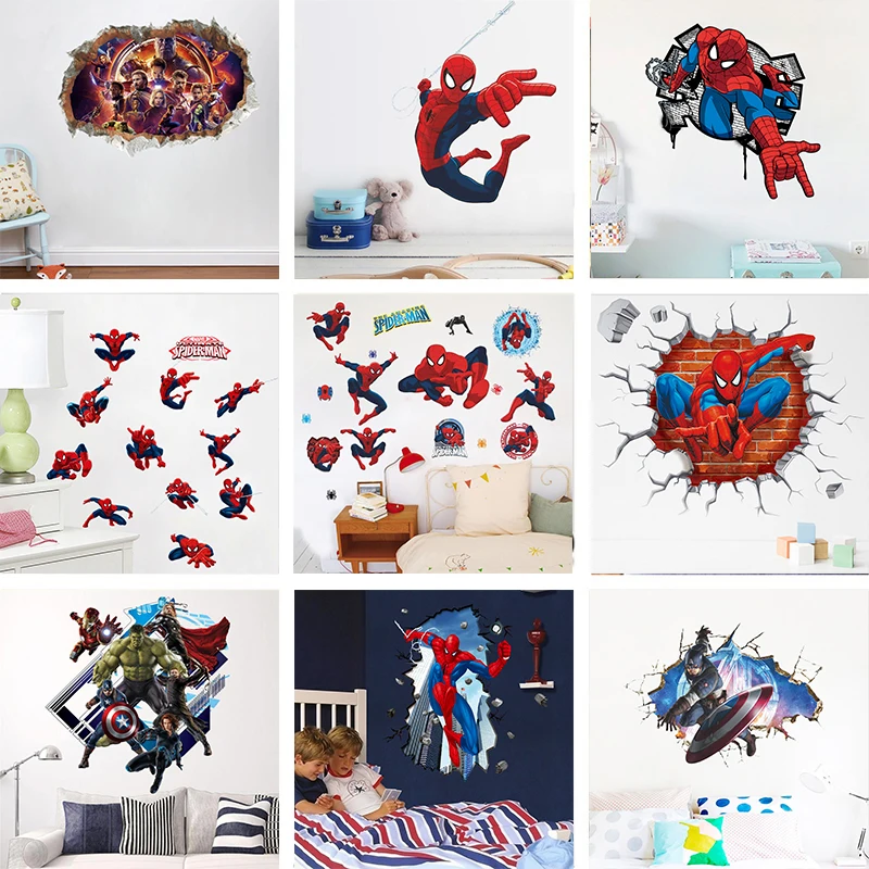 

Marvel The Avengers Super Hero 3D Broken Wall Hole Stickers For Kids Room Spiderman Batman Ironman Hulk Mural Decals Home Decor