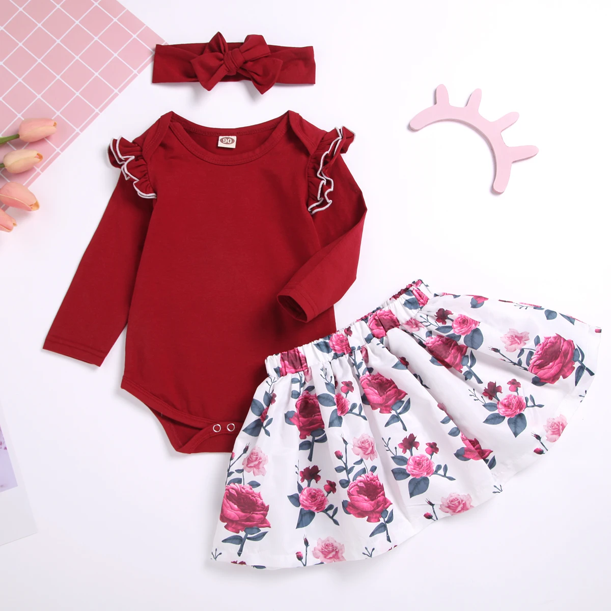 Wholesale longsleeve 3 pieces infant baby clothing set cotton romper tops + skirt + headband outfit