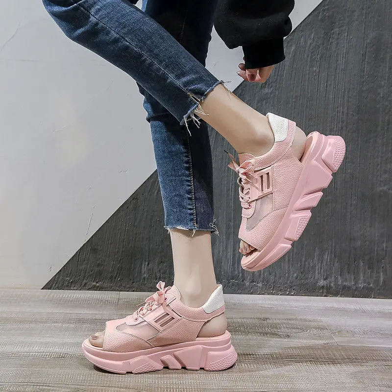 

Pink Chunky Sandals Platform Shoes For Women High Heels Sandals Flat Summer Shoes Woman Patchwork Thick Heel Sandals Big Size 42