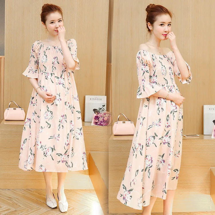 

Photo Shoot 0359 Maternity Clothes Summer Wear Short Sleeve Pregnant Women Dress Mid-length New Style Summer Chiffon Dress Long