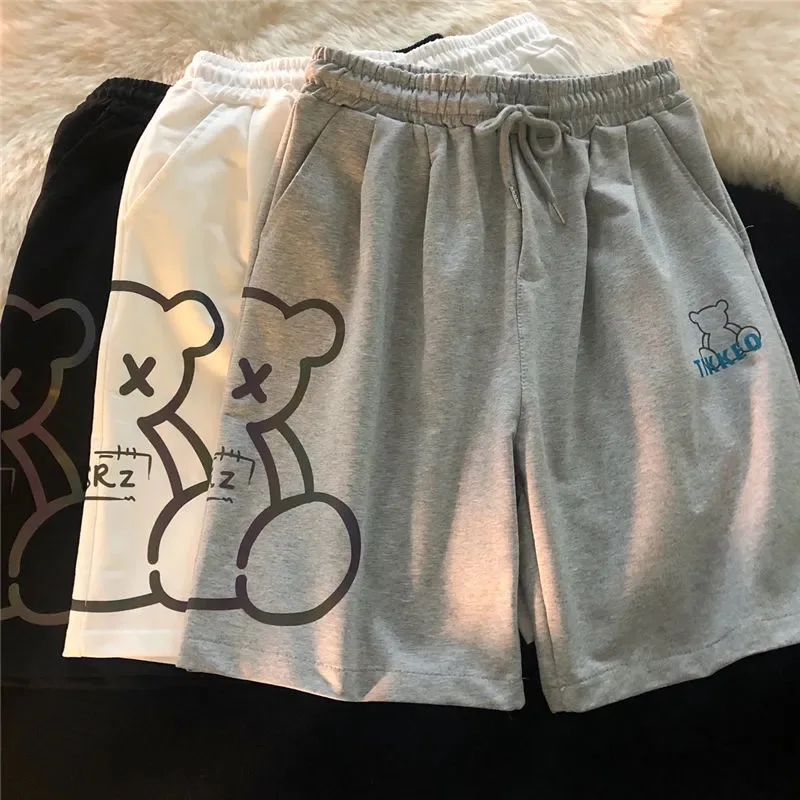 

100% Cotton Reflective Bear Shorts for Women Summer 2021 Harajuku Running Sport Joggers Women Elastic High Waist Wide Leg Shorts
