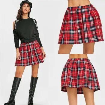 

Women High Waist Skater Flared Red Check Plaid Pleated Short Mini Skirt Shorts