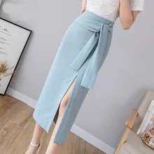 Однотонная юбка-карандаш,, женские юбки с разрезом, Осень-зима, высокая талия, средней длины, для офиса, для девушек, для работы, Женская юбка на шнуровке, OS027