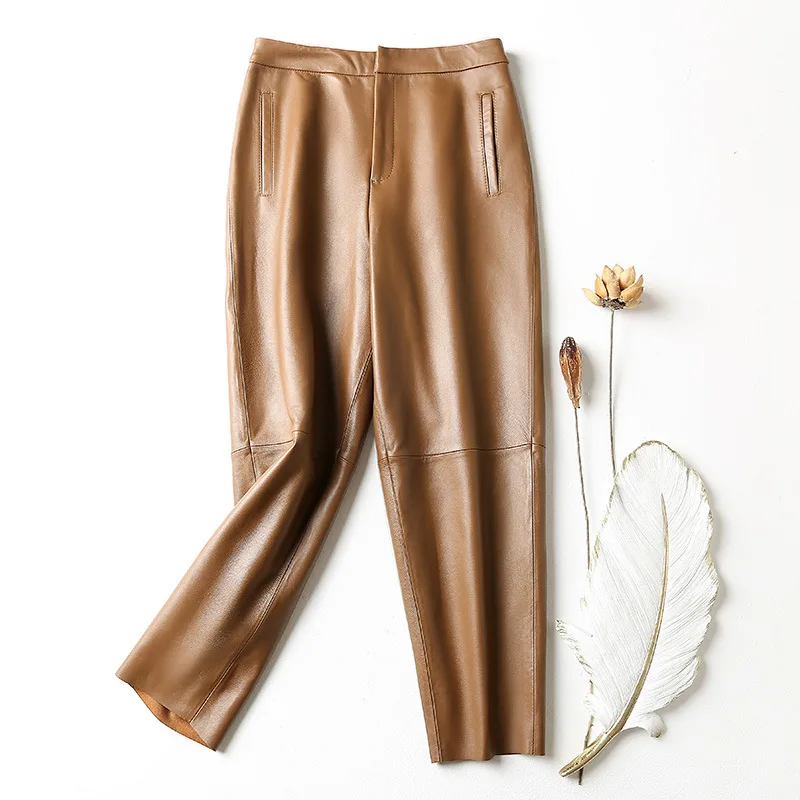 

Korean style Spring Autumn Women's Sheepskin Real leather Ninth Pants High quality Genuine leather pant for woemen C537