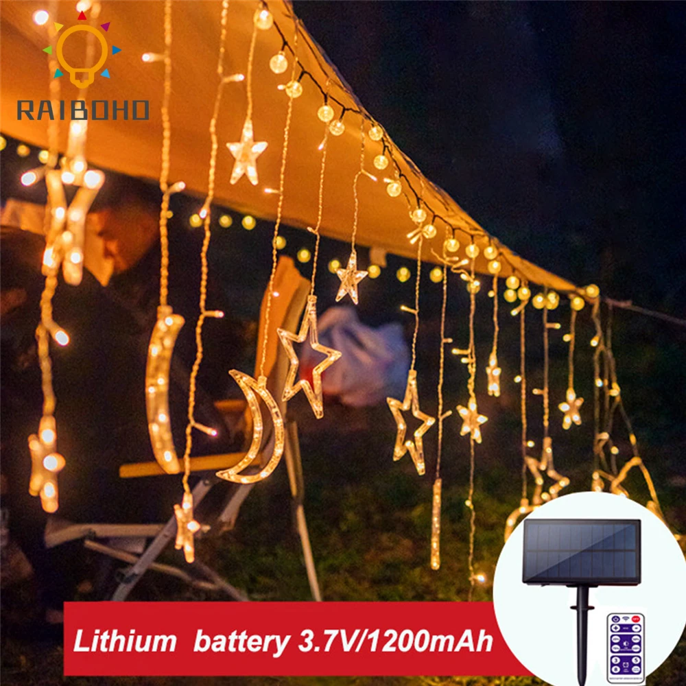 

123LED Moon Star Curtain Solar Light Outdoor Waterproof Solar String Light with Remote Controller For Christmas Garden Holiday