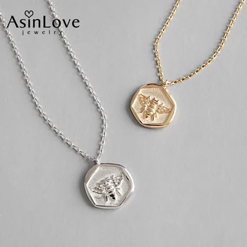 

AsinLove Real 925 Silver Insect Pattern Geometric Hexagon Pendant Necklaces for Women Vintage Bee Necklace Handmade Fine Jewelry