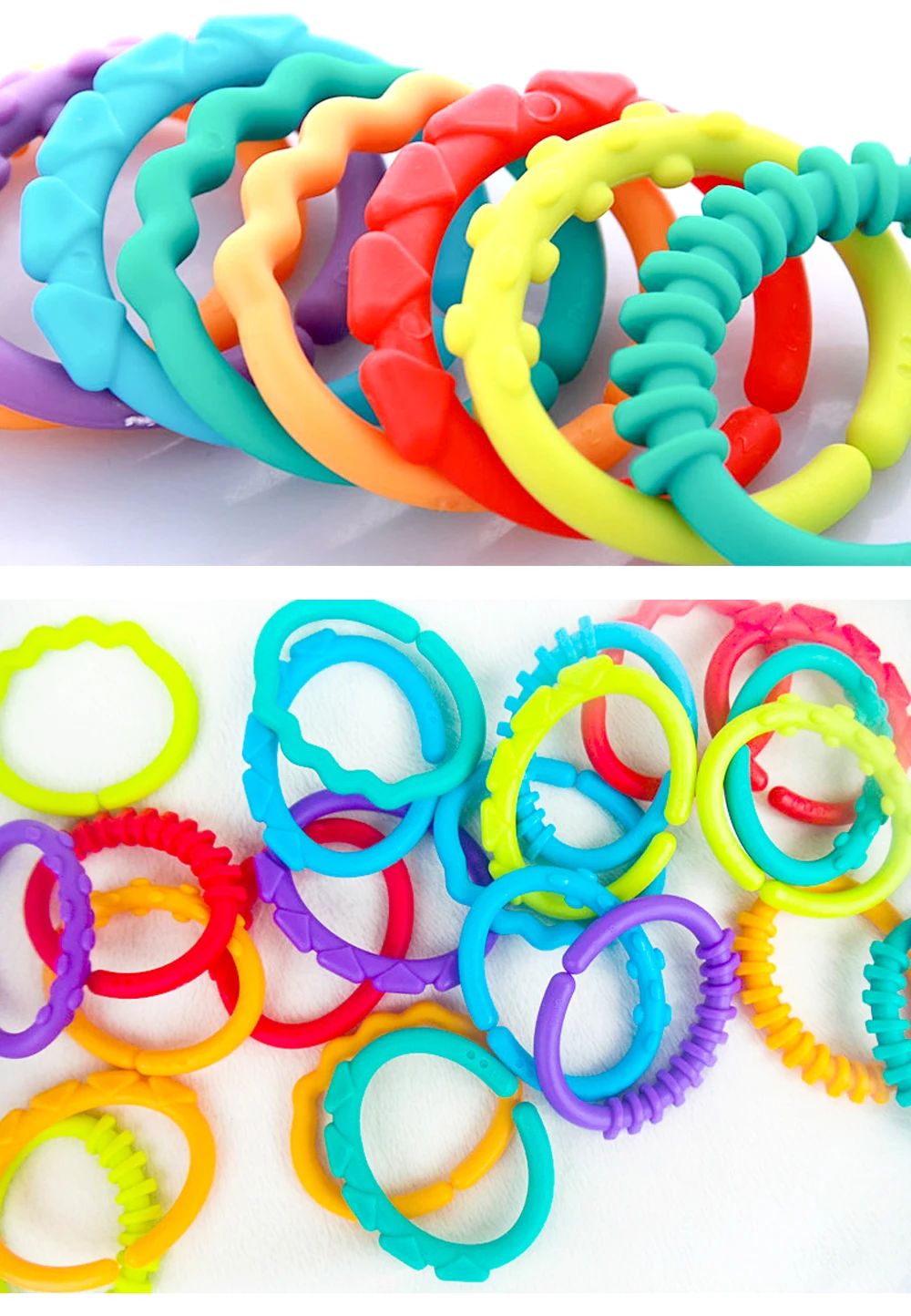 8Pcs/set Plastic Grip Baby Teether Rattles Rubber Rainbow Ring Molars Rattle Safety Toys for Children Crib Bed Stroller Hanging