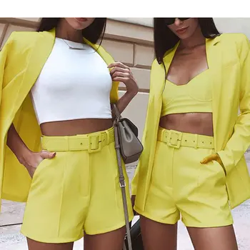 

hot sale new ins explosion Women's clothing autumn long sleeve cardigan jacket shorts solid color two-piece Lady suit real 2020