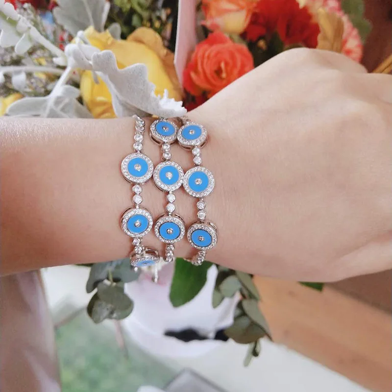 Lucky Eye синий браслет evil Eye серебро цвет цепи микро проложить Циркон регулируемый браслет с бусинами ювелирные изделия для женщин LE222