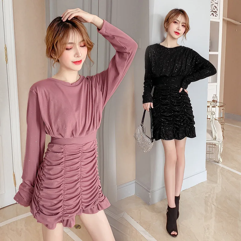 

2019 Autumn And Winter New Style Korean-style Sense of Design Slim Fit Slimming Pressure Creases Fishtail Graceful Dress Women's