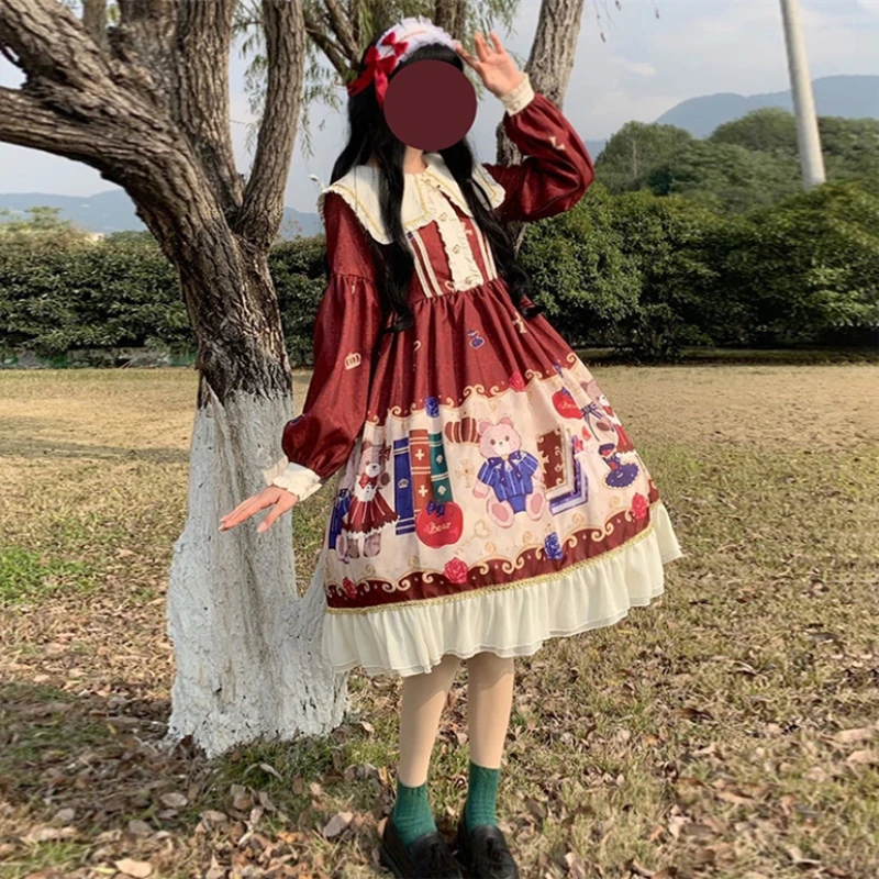 Sannian женское платье Autumnlolita японский рисунок с милым медведем Фонари воланами и