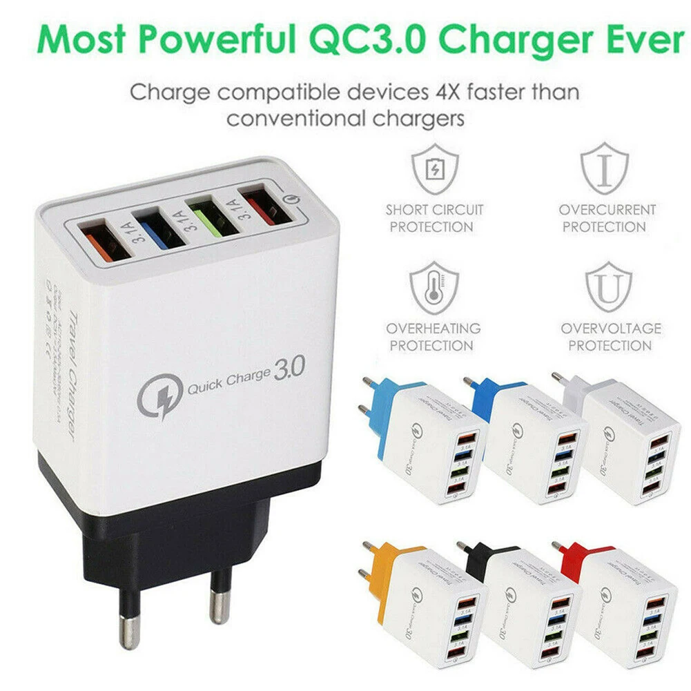 

4 USB Port Fast Charging Adaptor Wall Charger QC 3.0 USB Hub Power Adapter EU US UK Plug for Mobile Phone iPad Mini Air