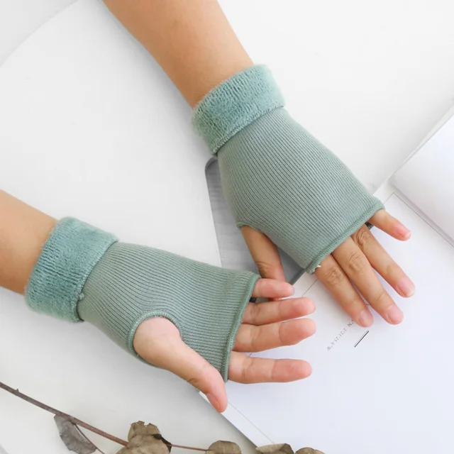 Winter Female  Knit Acrylic Touch Screen Typing Mitten Autumn Women Plus Velvet Double Fingerless Writing Half Finger Glove J10 3