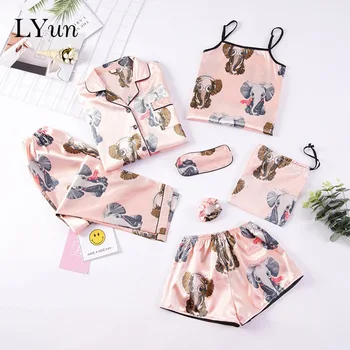 

LYun Seven-piece pajamas ice silk spring and autumn long-sleeved short-sleeved silk suit camisole vest shorts home service women