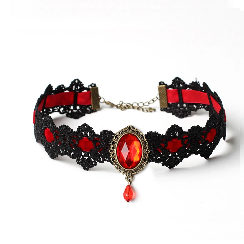 Bohemia Lace Gothic Tattoo Choker Women Clavicle Chain Vintage Necklace Crystal Necklaces Gothic Punk Collar Jewelry New Arrival - Metal Color: Red