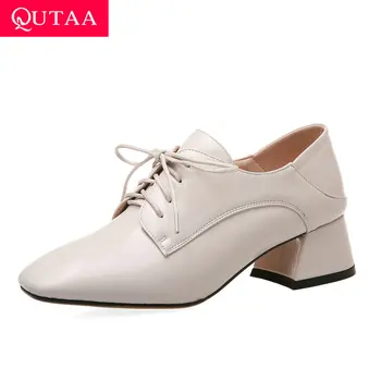 

QUTAA 2020 Elegant Women Single Shoes Patent Leather Square Toe Women Pumps Square Heel Lace Up Concise Women Shoes Size 34-42