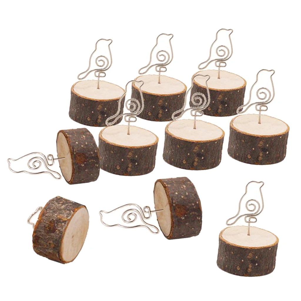10pcs Bird Card Holder Stand Wire Photo Clip w/ Wooden Base Wedding Table Decor Picture Photo Display Menuo Card Case Ornament