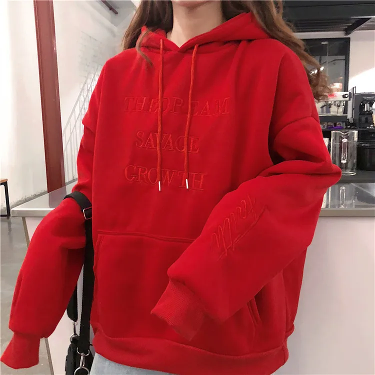 Толстовки женские зимние плюс бархатные теплые толстые свободные мягкие с длинным рукавом женские свитшоты хлопок с капюшоном корейский женский пуловер - Color: 8562 red