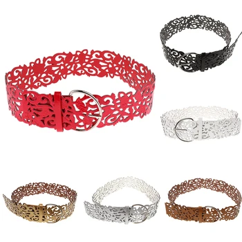 

Fashion Hollow PU Leather Waist Band Dress Metal Belt Flower Pattern