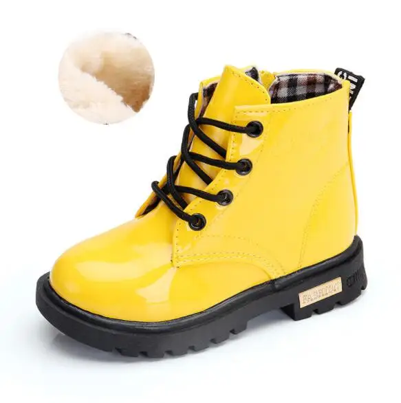 Yellow with plush Новинка года; кожаные ботинки для девочек; обувь для мальчиков; сезон весна-осень; детские ботинки из искусственной кожи; модные ботинки для малышей; теплые зимние ботинки; 3BB - Цвет: Yellow with plush