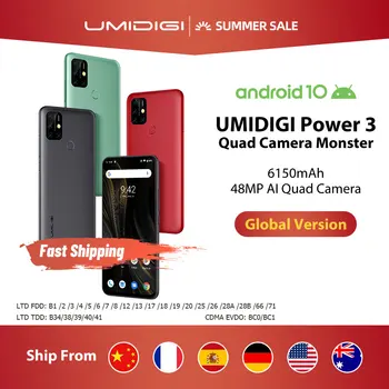 Перейти на Алиэкспресс и купить UMIDIGI Power 3 48MP Quad AI камера 6150mAh Android 10 6,53 дюймFHD + 4GB64GB NFC мобильный телефон с тройными слотами 10W FastReverse зарядка