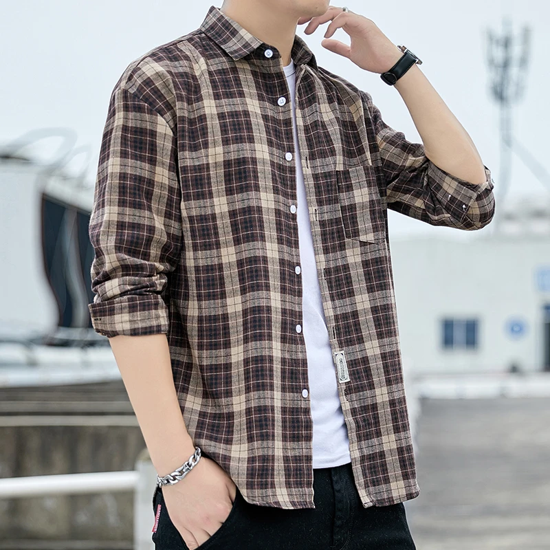 Männer Kariertes Hemd Flanell Langarm Streifen Shirts Straße Tasche Japan Baumwolle Lose Slim Fit Männlichen Beiläufigen Weichen Smoking Formale hemd – Detail 6