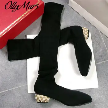 

Over the Knee Boots Women Sock Boots Thigh High Boots Spring Square Toe Pearls Med Heels Shoes Woman Slim Knitting Stretch Boots