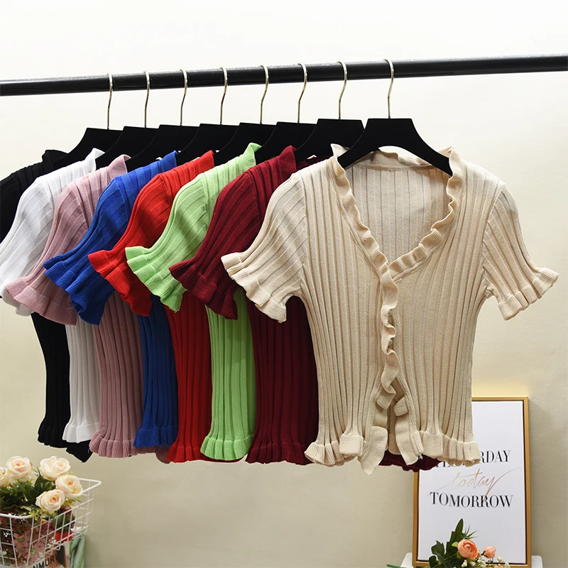 Volantes de punto de manga corta acampanada para mujer, suéteres recortados, de una sola botonadura cárdigans, Tops finos, Tops cortos de verano