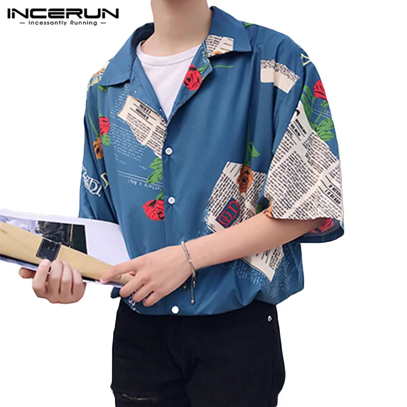Blue Shirt INCERUN, модная мужская гавайская рубашка с принтом, повседневная, Пляжная, шикарная, уличная, с отворотом, короткий рукав, рубашки для мужчин,, Harajuku, свободная рубашка - Цвет: Blue Shirt