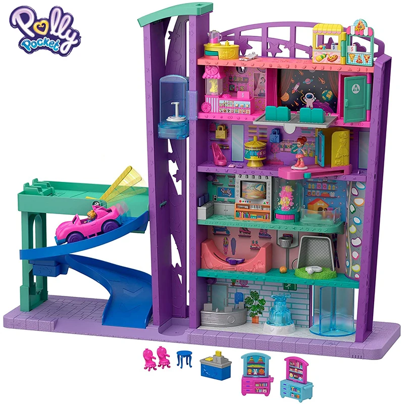 Original Polly Pocket Polly Mega Mall Doll House Accessories Home Furniture Girls Toys for Children Playset Shopping Center Gift