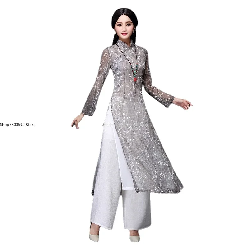 aodai vietnam cheongsam qi pao chinese dress for women traditional cotton linen floral elegant ao dai dress oriental qipao