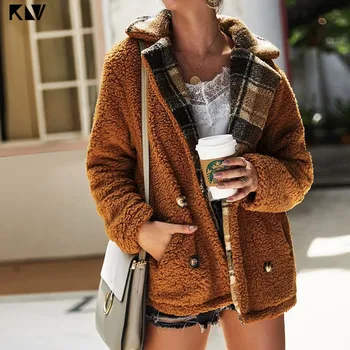 

2019 Winter Women Fleece Fluffy Jacket Revere Collar Double-Breasted Warm Thicken Oversized Pocket Jackets Ladies Warm Coat