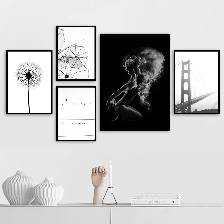 Bridge Dandelion Dancer Bird Wall Art Canvas Painting Nordic Posters And Prints Black White Wall Pictures For Living Room Decor