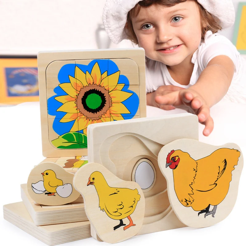

New Multi-layer Growth Process Puzzle Animal/ Plant Wooden Puzzles Kids Montessori Educational Learning Toys for Children