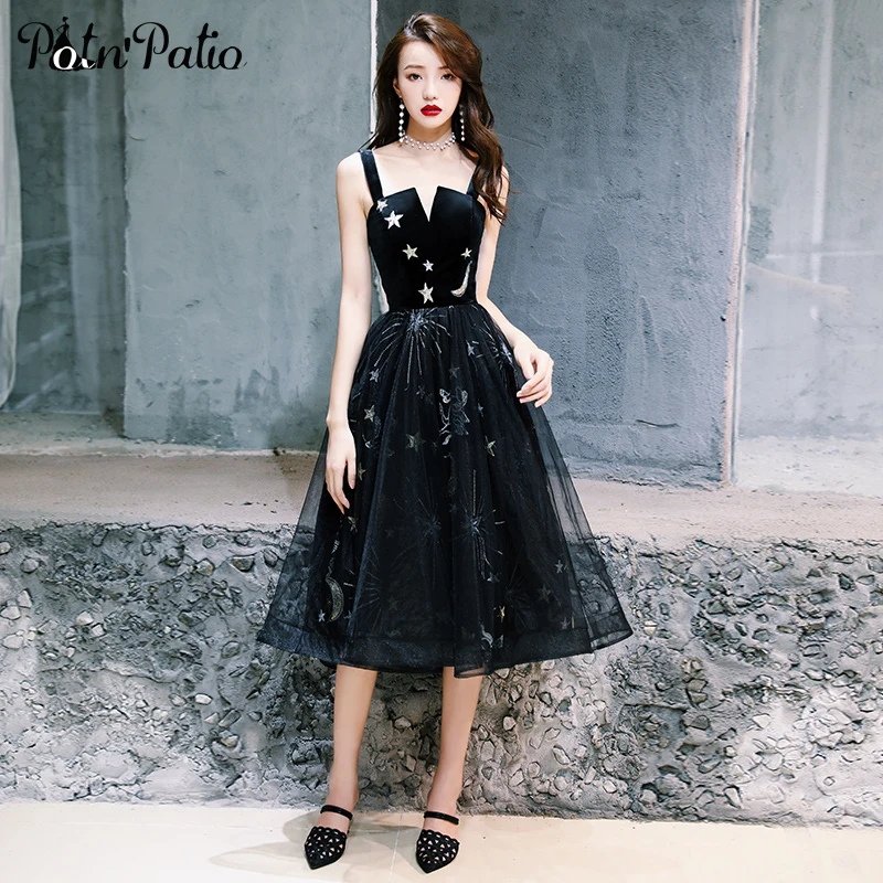 

Sexy Spaghetti Straps Backless Tea-length Black Prom Dresses 2019 Shiny Glitter Star Moon Pattern Junior Homecoming Dresses