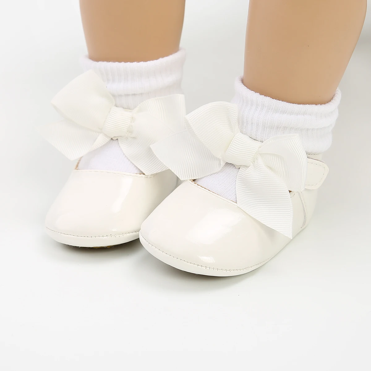 FOCUSNORM 0-18M Toddler Baby Girl Crib Shoes Soft Sole Solid Color Bowknot Flats with Ribbon Non-Slip Princess Shoes