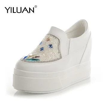 

2020 White Fashion Women Platform Sneakers Leather Causal Ladies Chunky Sneakers Woman High PU Shining Sports Increase 9cm Shoes