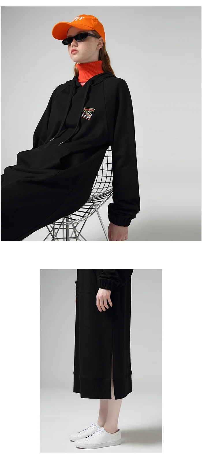 Toyouth Autumn Hooded Black Dresses For Women Letter Embroidery Long Sleeve Sweatshirts Dress