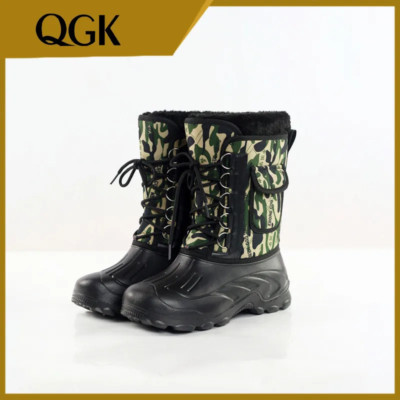 

QGK New Men Fishing Boots Hunter Rain with Fur Waterproof Camouflage Winter Men Comfortable Boots Warm Casual Male Boots Shoes