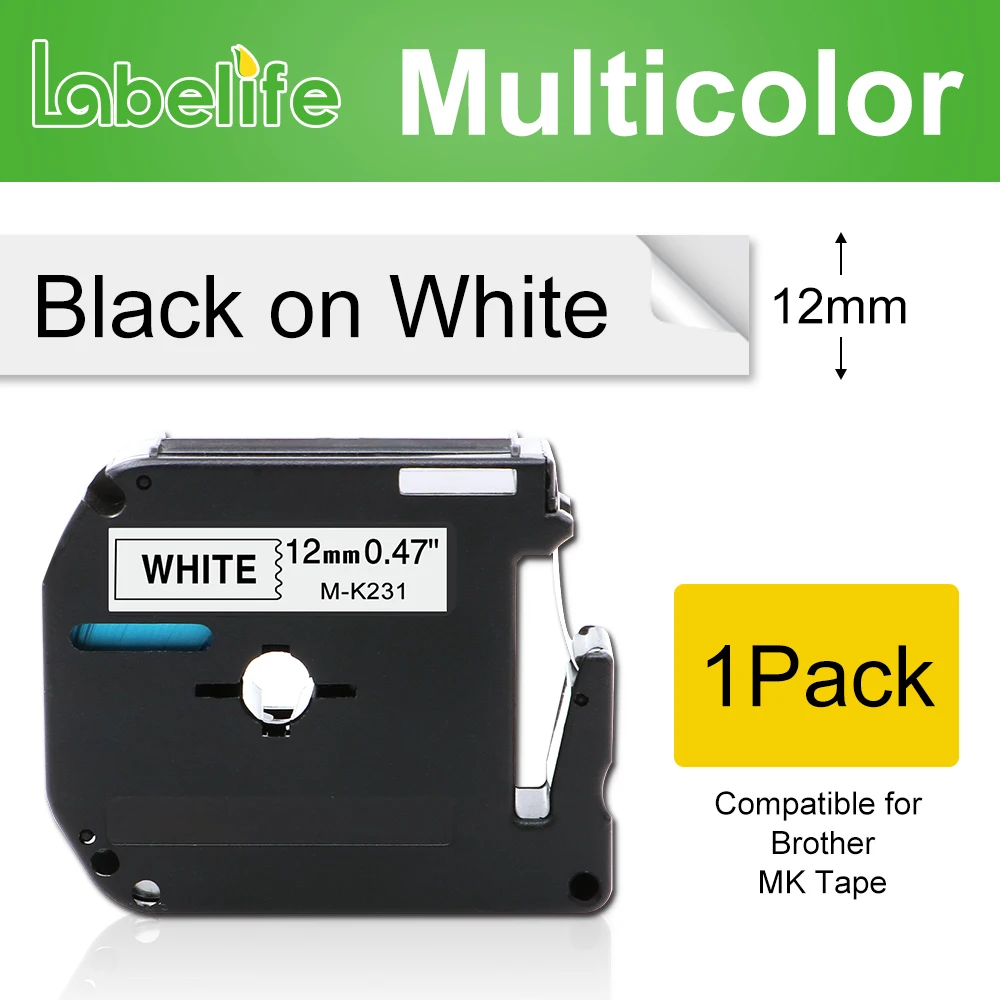 Labelife M-K231 Compatible for Brother M-K231 MK131 MK 631 MK-831 black on white 9/12mm laminated label tapes for PT-80 PT-70 afbeelding