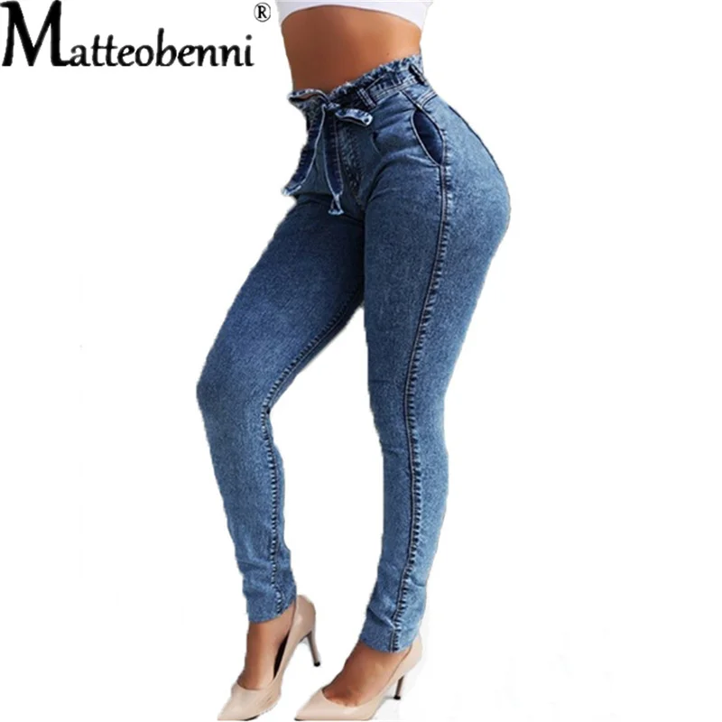 2021 Fashion Sexy High Waist Jeans For Women Slim Stretch Denim Jean Ladies Bodycon Tassel Belt Bandage Skinny Push Up Jeans