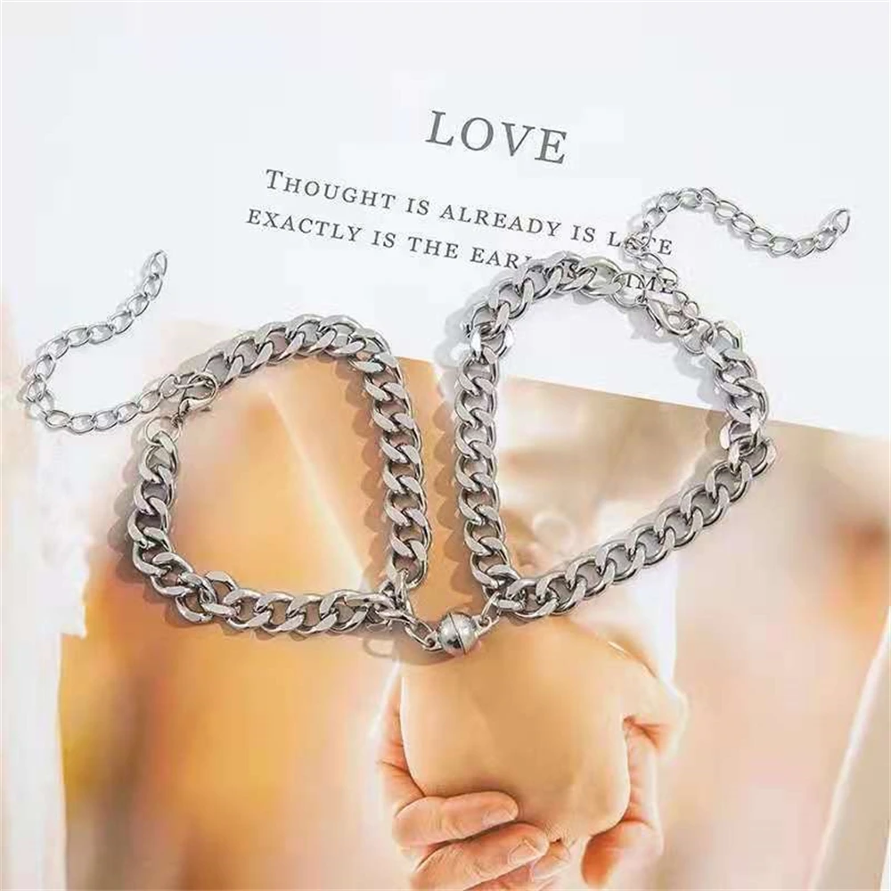 2Pcs New Trendy Magnet Couple Bracelet Cuban Punk Silver Color Chain For Men And Women Hot Sale Valentine Gift Fashion Jewelry | Украшения