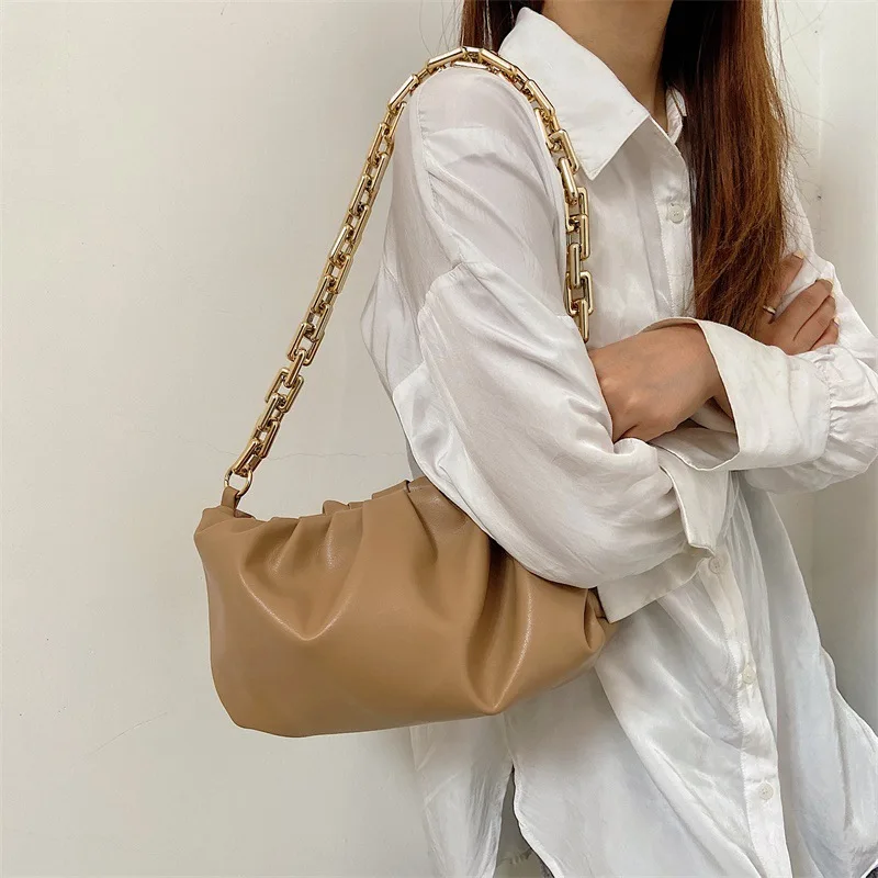 White Soft Leather Chain Shoulder Crossbody Bag Gold Chain Purse Cloud  Dumpling