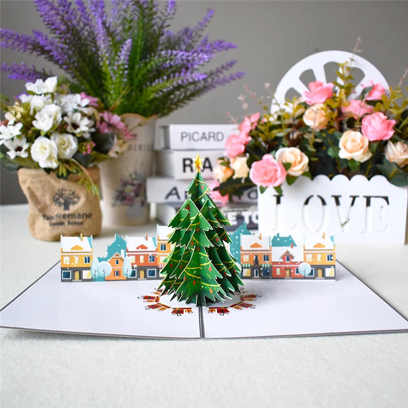 10 упаковок Рождественская открытка Рождественская елка всплывающие карты с наклейки на конверте лазерная резка Новогодние поздравительные открытки подарки ручной работы