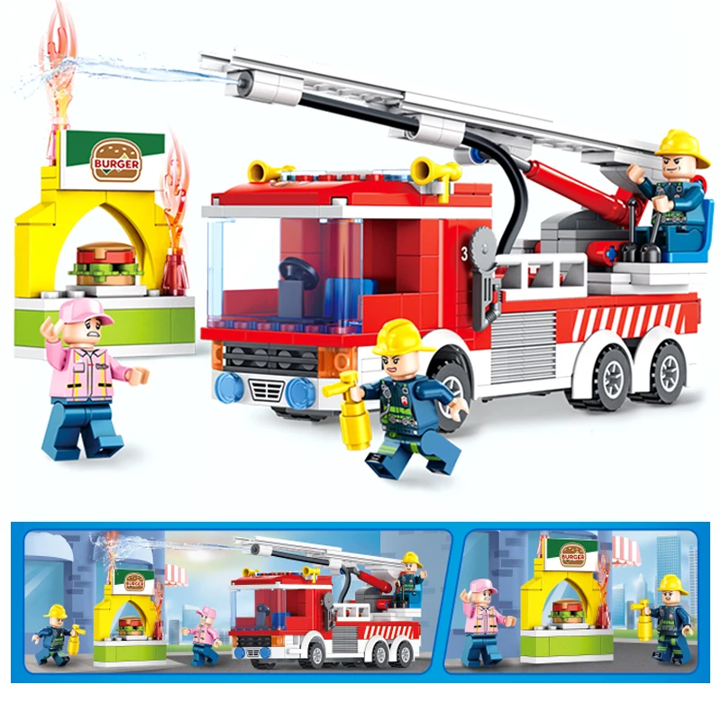 5 Styles Fire Fighting Trucks Car Helicopter Boat Building Blocks Compatible Legoingly City Firefighter Bricks Children Diy Toys