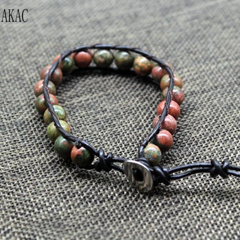 

Free shipping AKAC approx8mm natural unikite stone beads single layer weaving charm bracelet