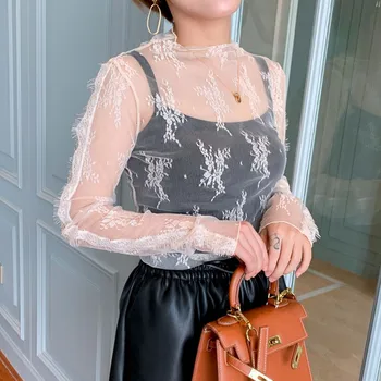 

Korean Hollow Out Blouse Women Mesh Sexy Top Slim Perspective Blouses Long Sleeve Turtleneck Lace Shirt Blusas Mujer De Moda